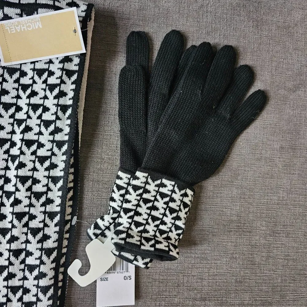 Michael Kors 2 pc Black & White MK Logo monogram Knit Cuffed Gloves & Scarf set